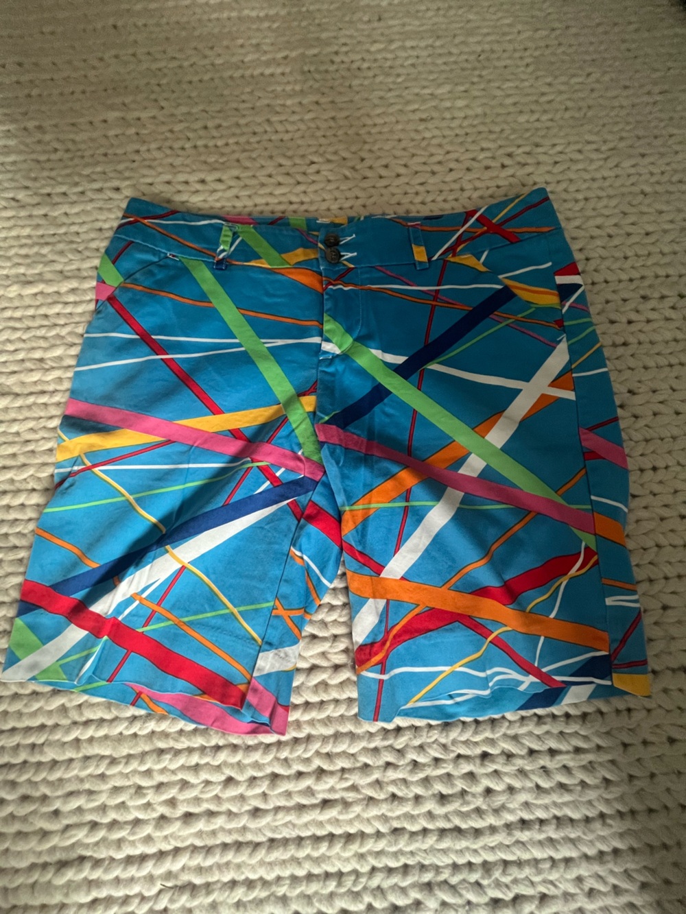 Loudmouth Women’s Cotton/Spandex Golf Shorts Blue w/ Multicolored stripes sz14